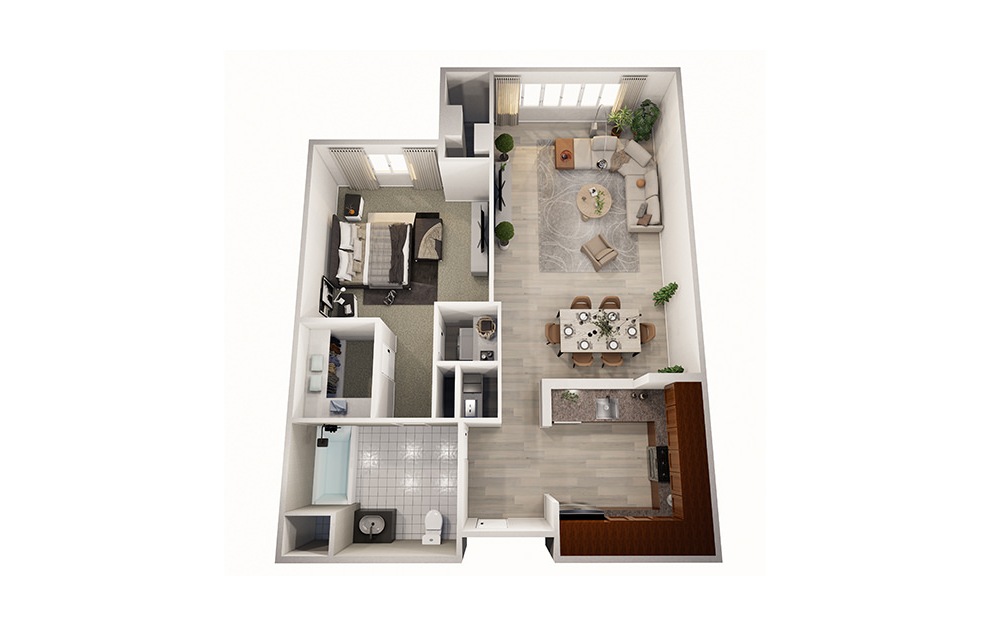 Arbor - 1 bedroom floorplan layout with 1 bath and 683 square feet.