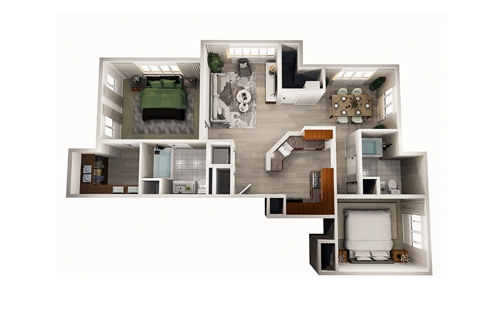 Birch - 2 bedroom floorplan layout with 2 baths and 1060 square feet.