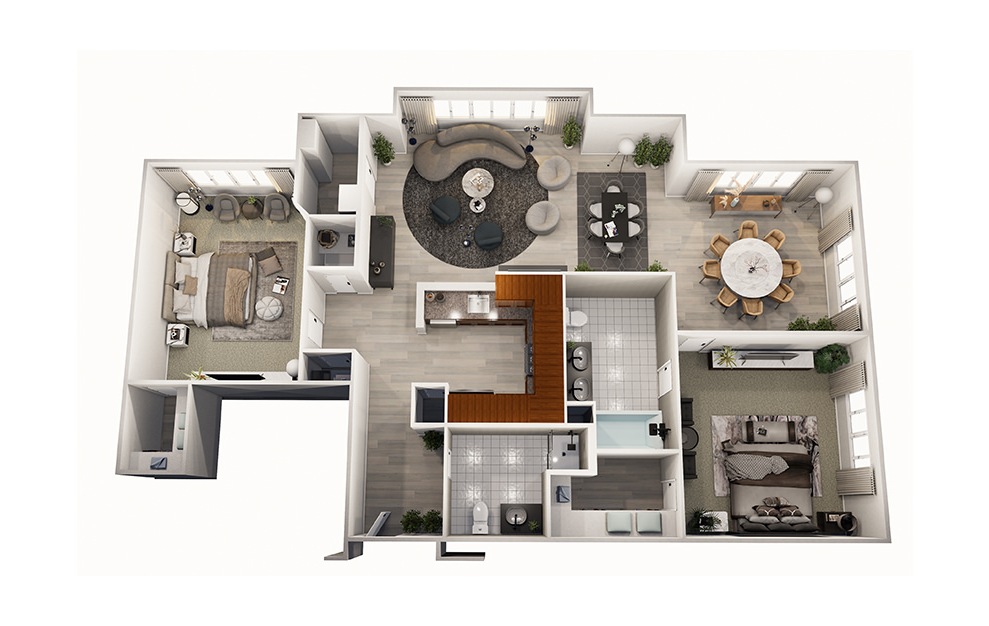 Elm - 2 bedroom floorplan layout with 2 baths and 1223 square feet.