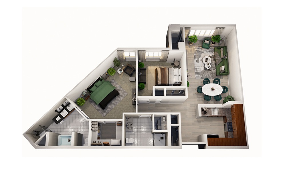 Fur - 2 bedroom floorplan layout with 2 baths and 1002 square feet.