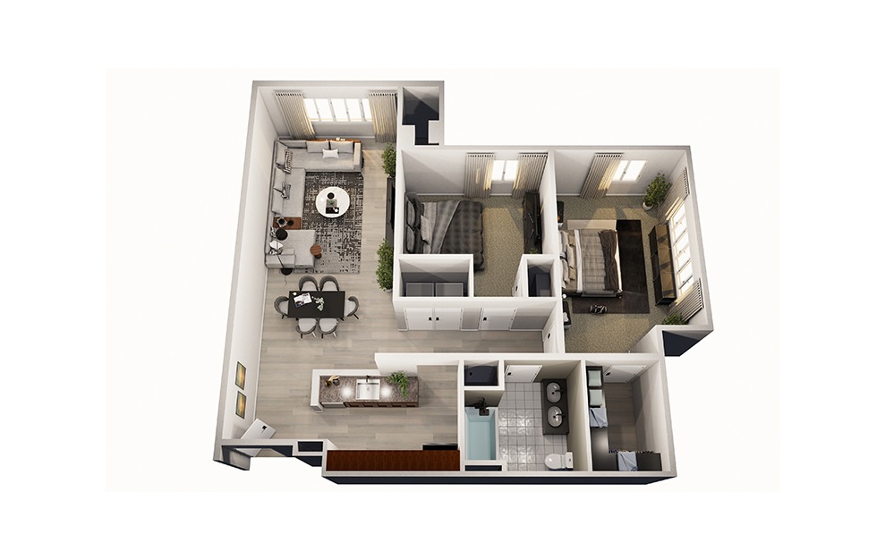 Ginger - 2 bedroom floorplan layout with 1 bath and 941 square feet.