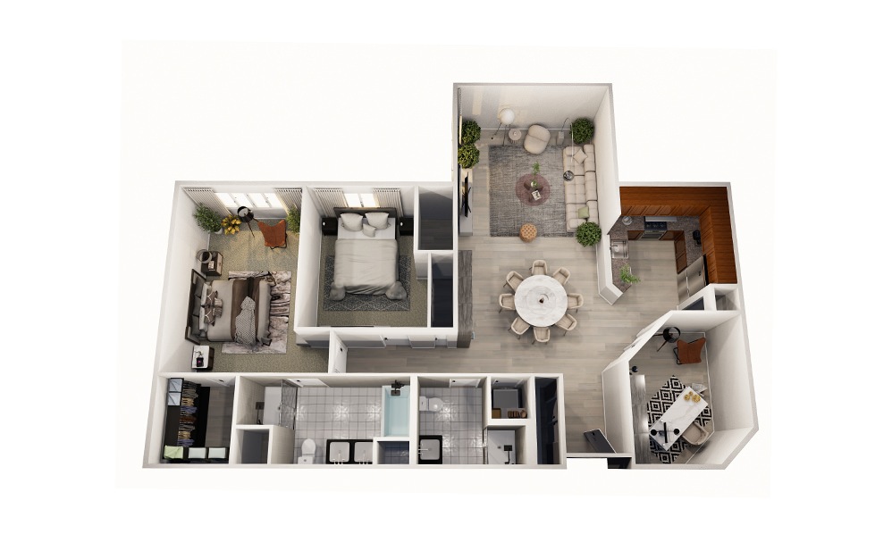 Hemlock - 2 bedroom floorplan layout with 2 bathrooms and 1372 square feet