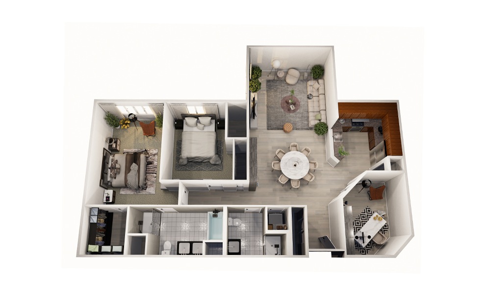 Hemlock - 2 bedroom floorplan layout with 2 baths and 1372 square feet.